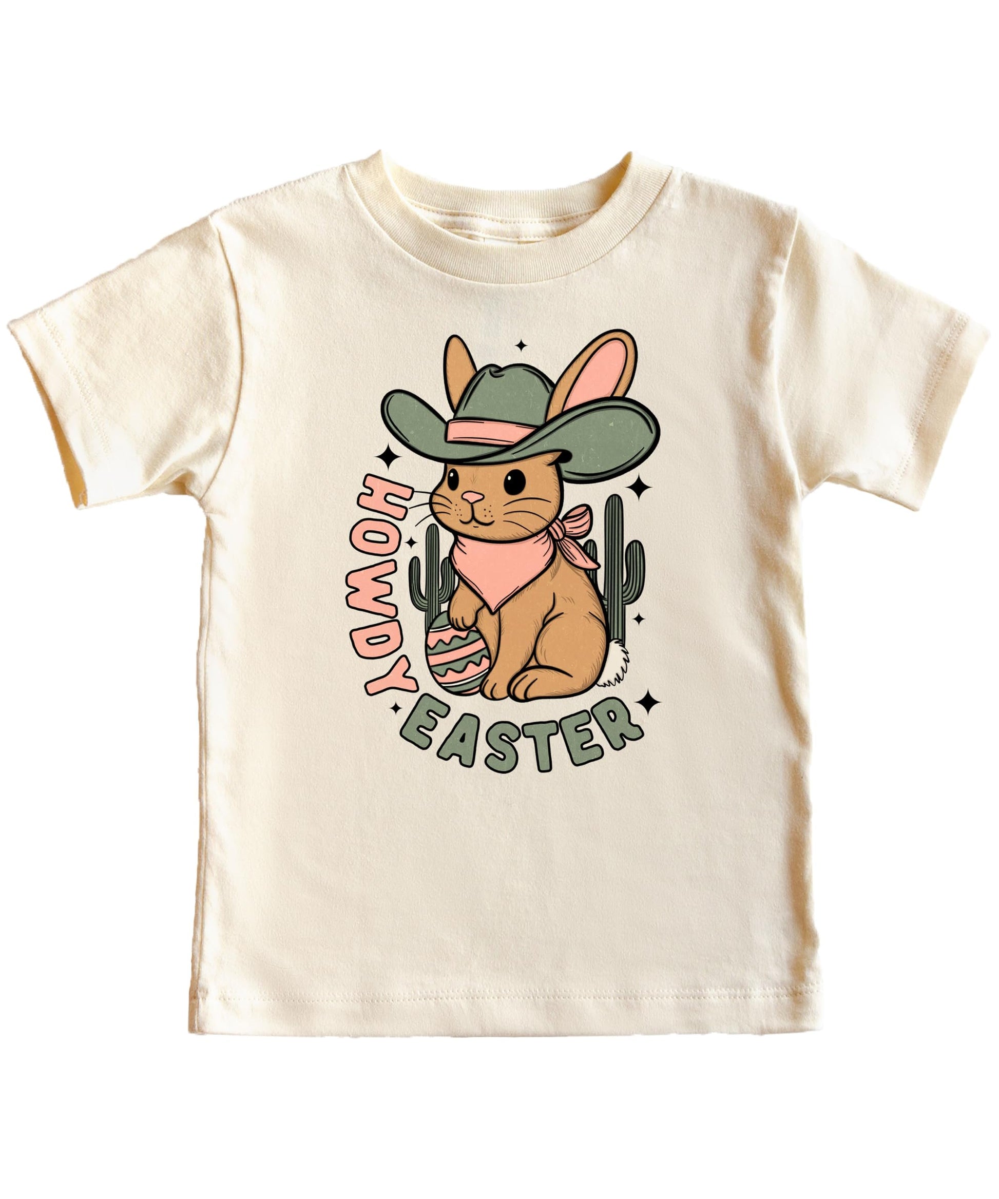 Girls' peach Howdy Easter western graphic tee featuring a desert bunny in a cowboy hat with cactus and Easter eggs