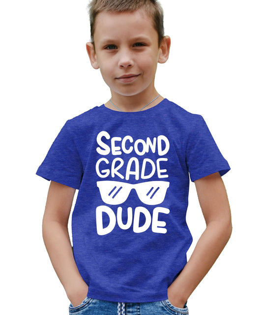 Front view of kids first day of school shirt with bold 2nd Grade Dude sunglasses graphic
