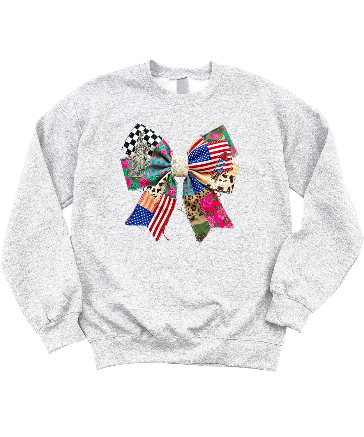 Women's white patriotic sweatshirt with raw-edge bow graphic, styled for Fourth of July casual wear