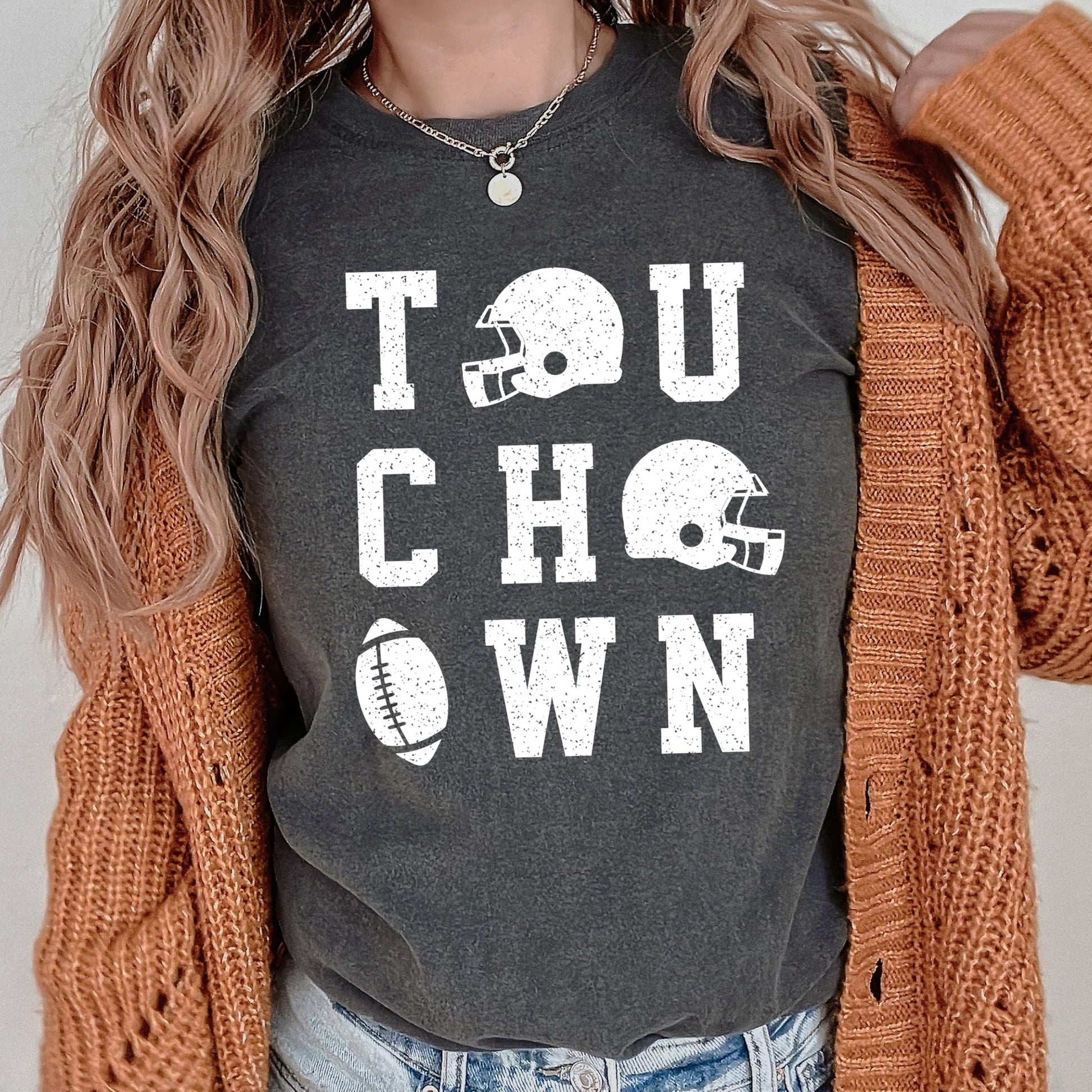 Flat lay of touchdown football shirt showing full graphic design and shirt details