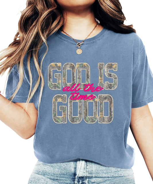 Camo God is Good All The Time Shirt for Women - Christian Easter Faith Tee