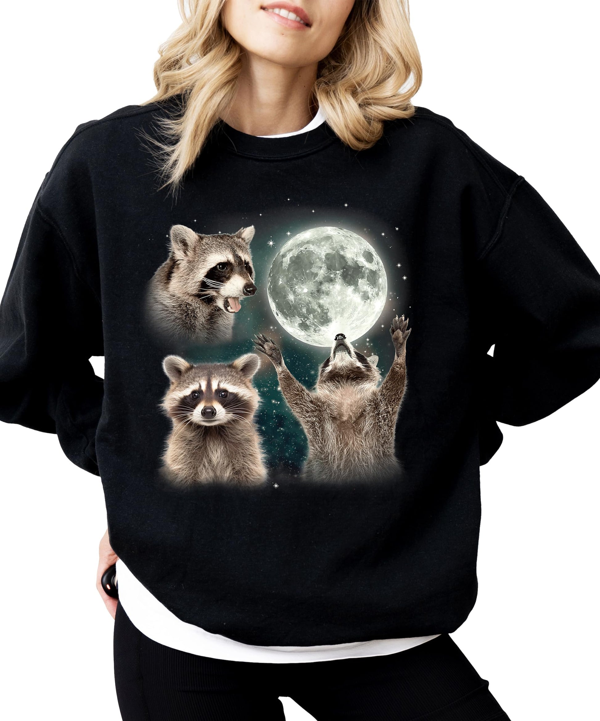 Model wearing funny raccoon graphic sweatshirt in gray, casual relaxed fit