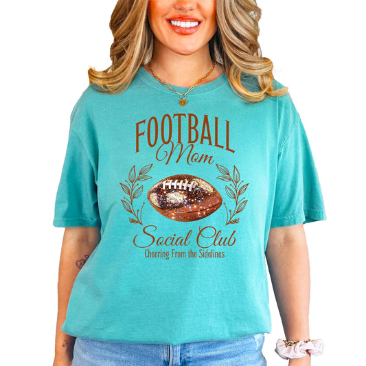 Front view of Football Mom Social Club faux glitter seafoam oversized t-shirt