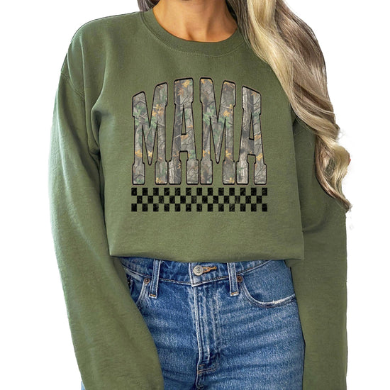 Side or back view of women's Mama Camo retro distressed pullover sweatshirt