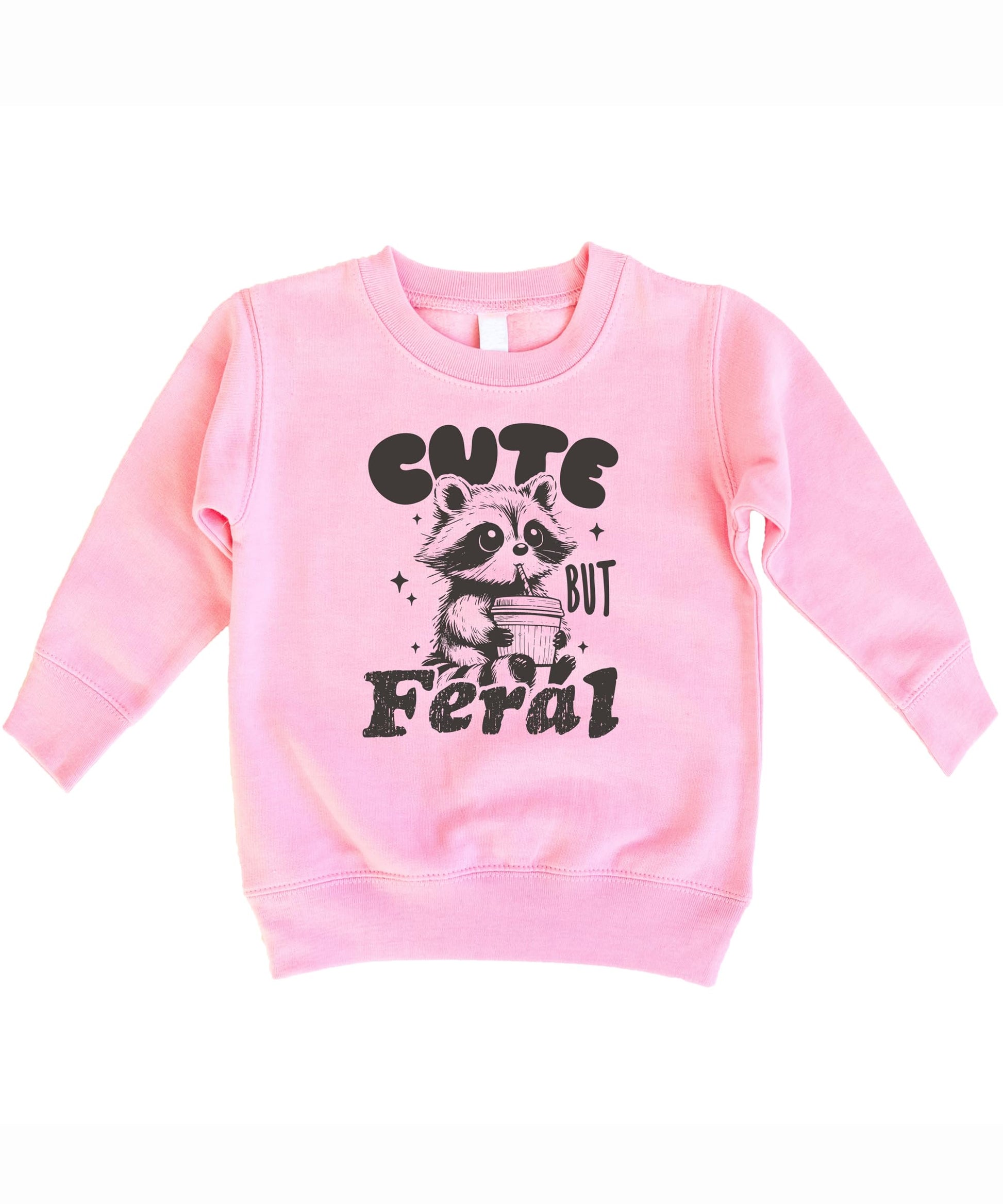 Close-up of the Cute But Feral raccoon cocoa design printed on a kids sweatshirt