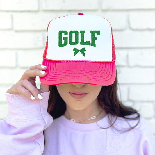 Golf and Green Coquette Bow Graphic Trucker Hat Foam Front Classic 5 Panel Mesh Snapback
