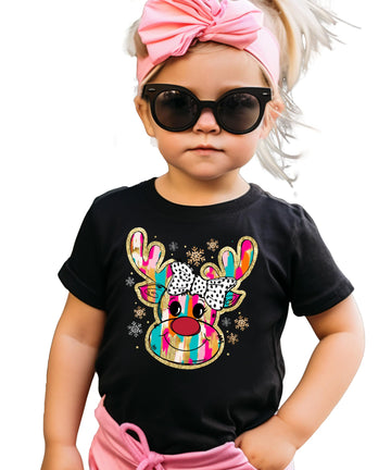 Faux Glitter Reindeer with Bow Girls' Christmas Tee