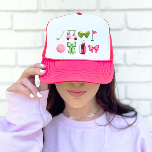 Girly Golf Themed Graphics Women's Hat Classic Foam Front 5 Panel Mesh Snap Back Trucker Hat