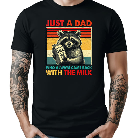 Black men's t-shirt with funny raccoon graphic and 'Came Home With the Milk' dad joke text