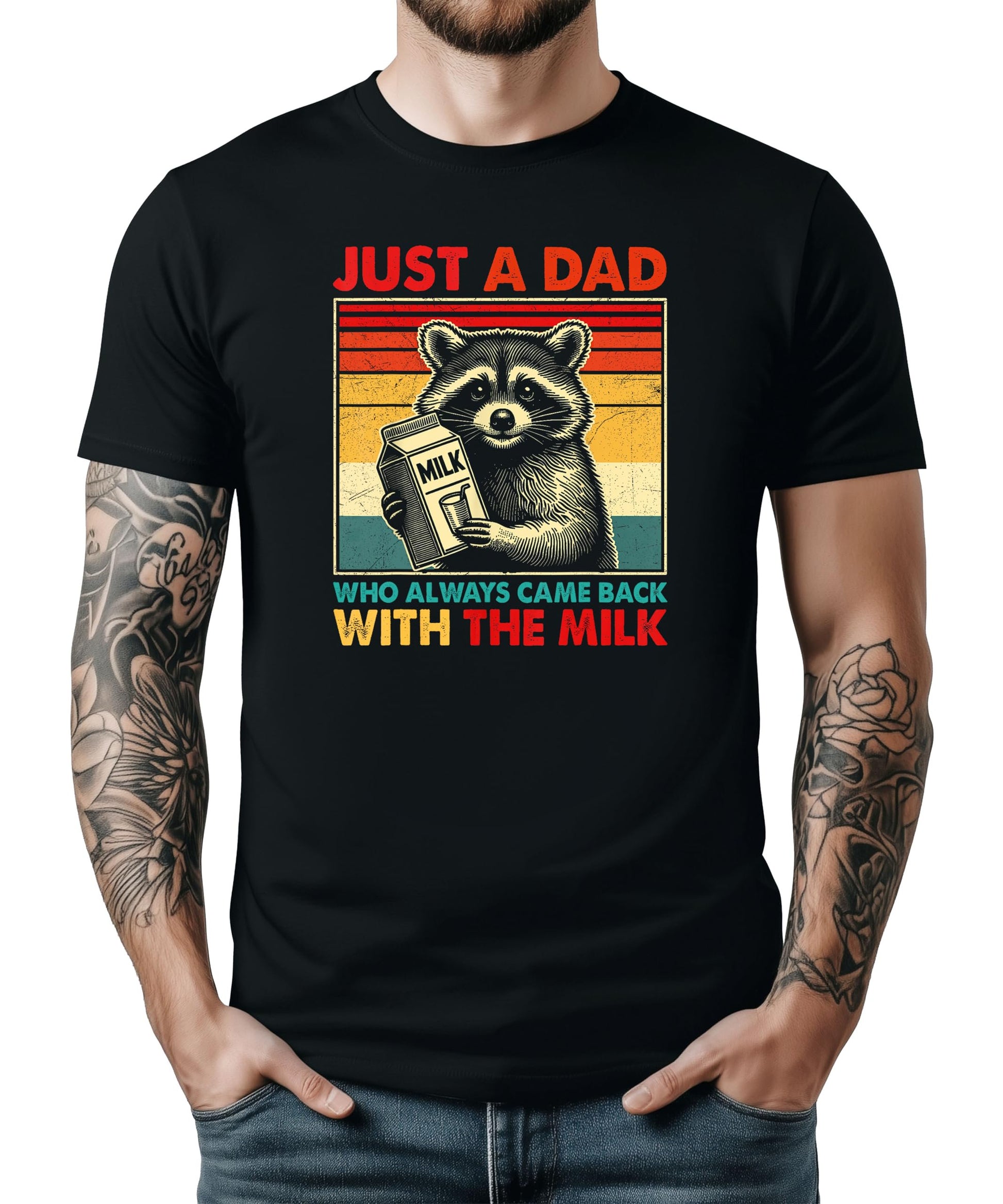 Black men's t-shirt with funny raccoon graphic and 'Came Home With the Milk' dad joke text