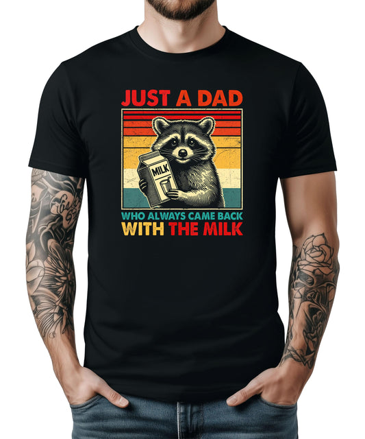 Black men's t-shirt with funny raccoon graphic and 'Came Home With the Milk' dad joke text