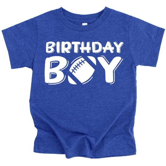 Young boy wearing football birthday outfit graphic shirt in granite heather