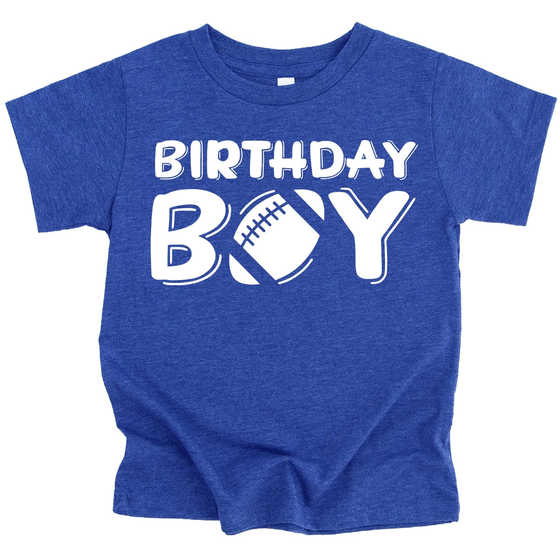 Young boy wearing football birthday outfit graphic shirt in granite heather