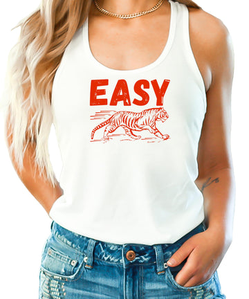 Easy Tiger Tank Top for Women and Teens Trendy Easy Text with Red Tiger Graphic Shirt