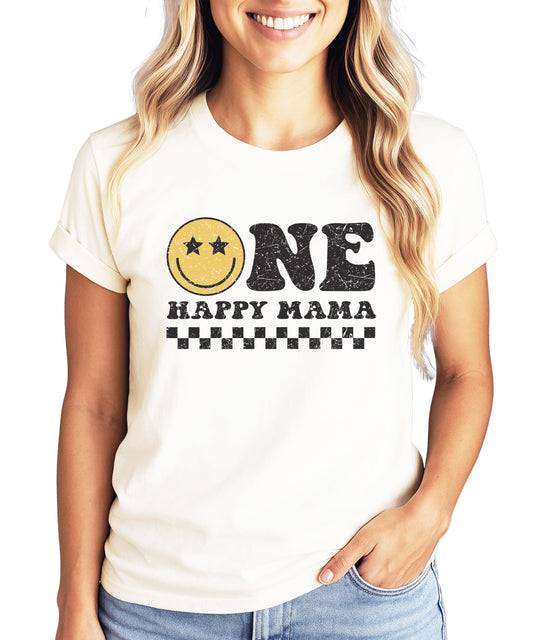 Close-up of One Happy Dude graphic print on natural color birthday shirt for dad