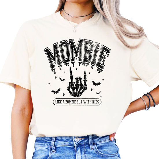 Flat lay of Mombie Halloween mom graphic t-shirt showing full design and shirt color
