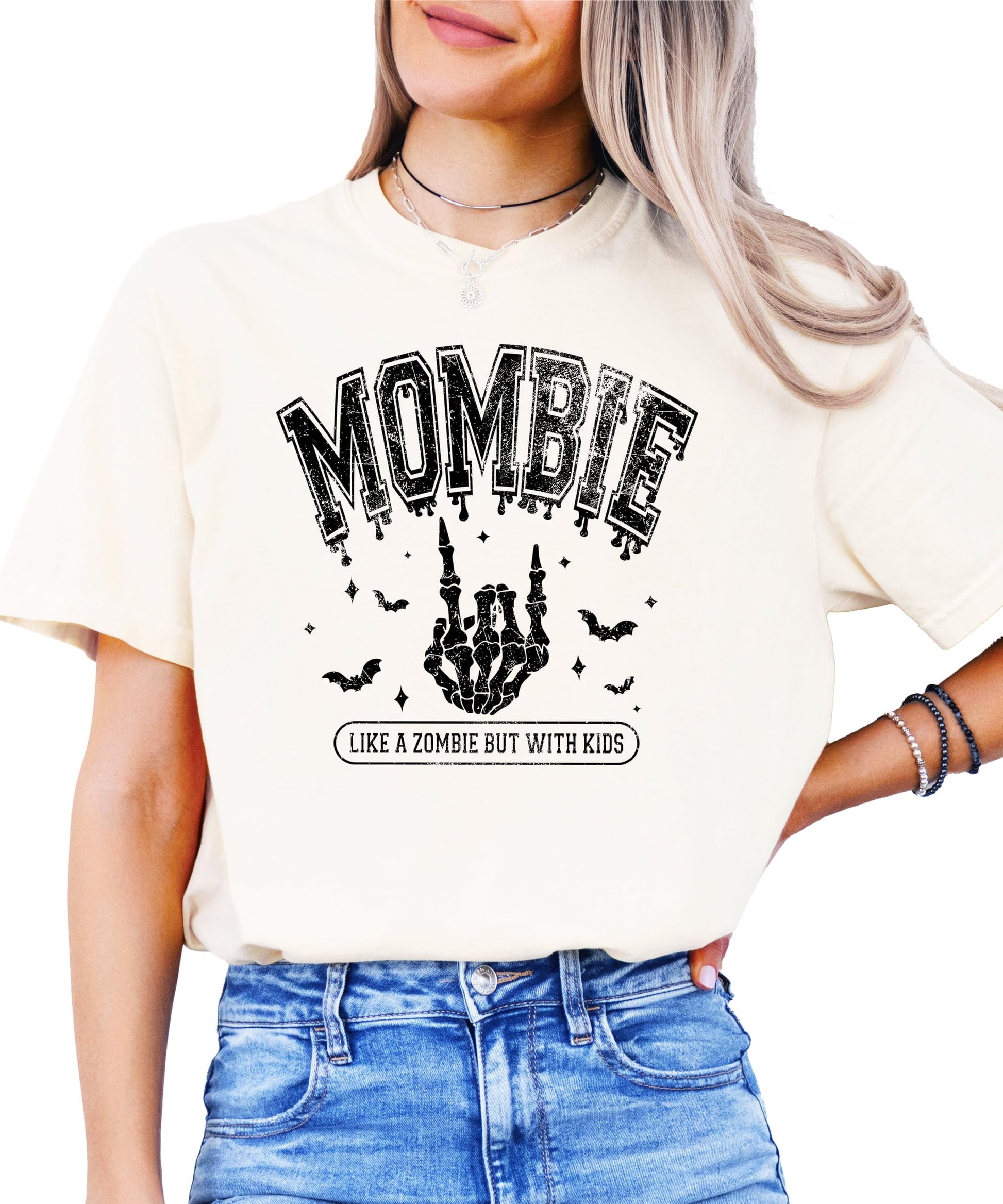 Flat lay of Mombie Halloween mom graphic t-shirt showing full design and shirt color