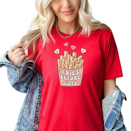 Front view of Fries Before Guys Valentine's Day shirt in natural color on adult model