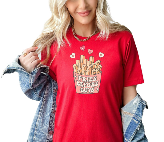 Front view of Fries Before Guys Valentine's Day shirt in natural color on adult model