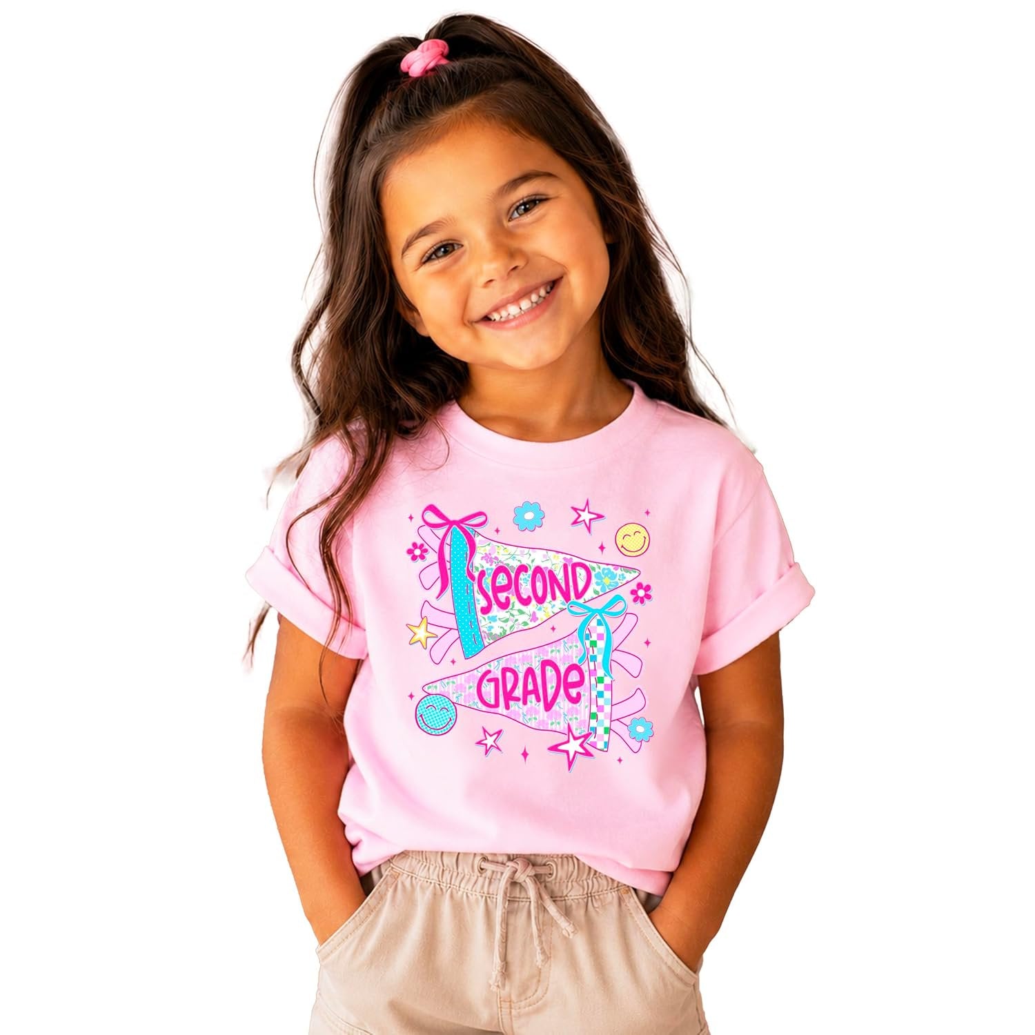 Girl wearing pink second grade pennant shirt — cute back to school outfit for first day of school photos