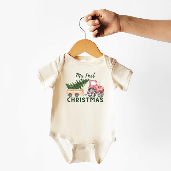 Olive Loves Apple first Christmas tractor bodysuit for newborn baby boy, holiday outfit detail view