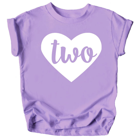 Toddler girl wearing purple Two in Heart second birthday shirt outfit
