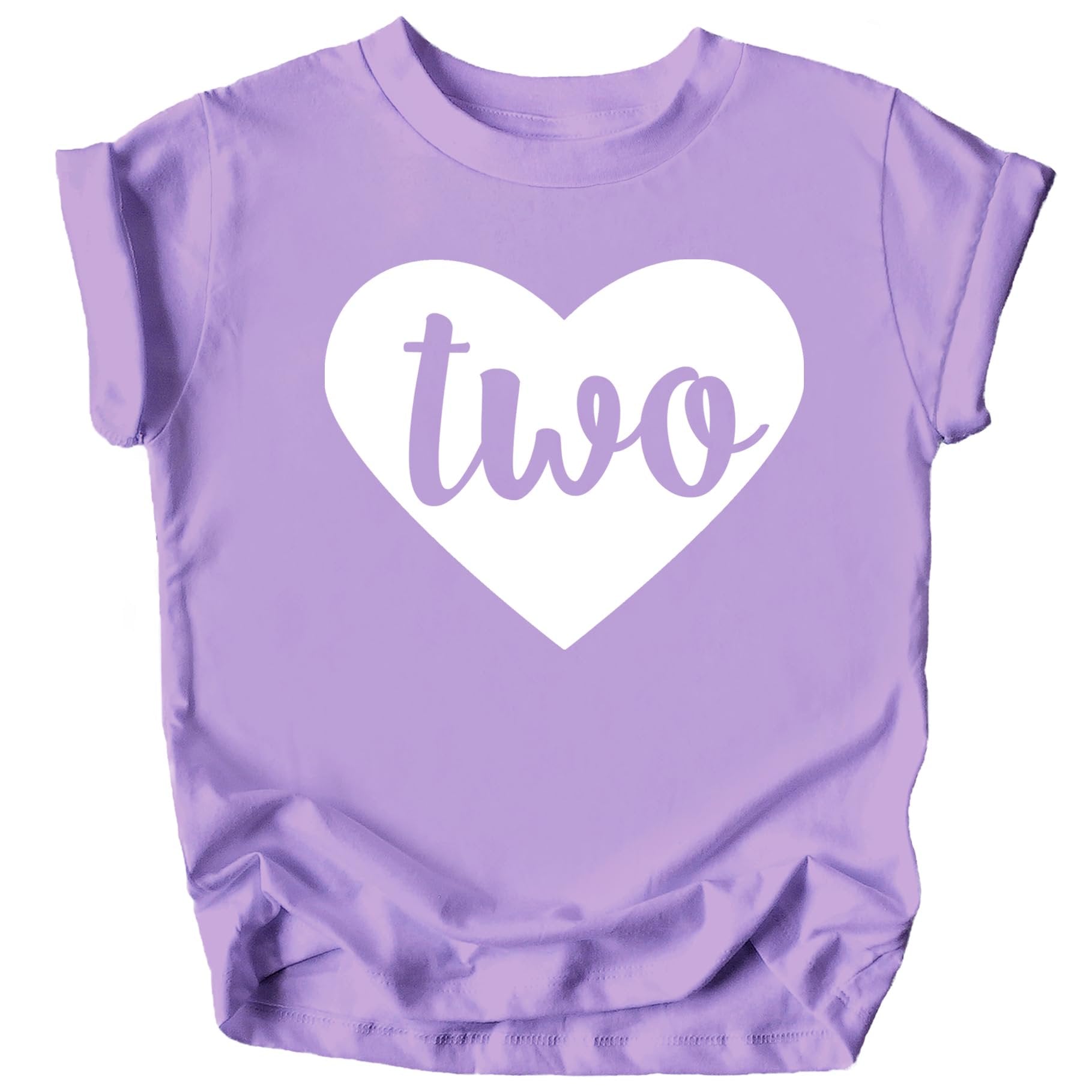 Toddler girl wearing purple Two in Heart second birthday shirt outfit