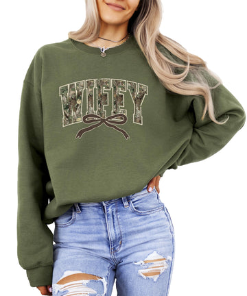 Trendy Camo Wifey Sweatshirt - Distressed Camouflage Sweater for Wife - Coquette Bow Pullover White Sweatshirt Adult Large