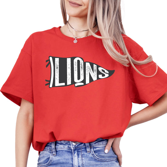 Lions team mascot vintage flag graphic tee, retro green design close-up