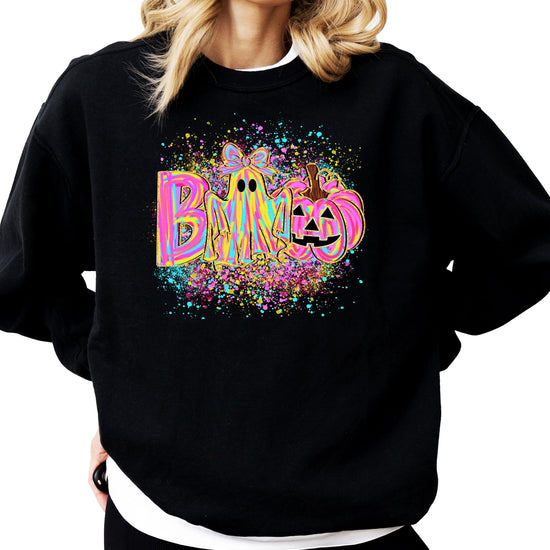 Side or alternate view of neon BOO Halloween sweatshirt showing fit and print quality