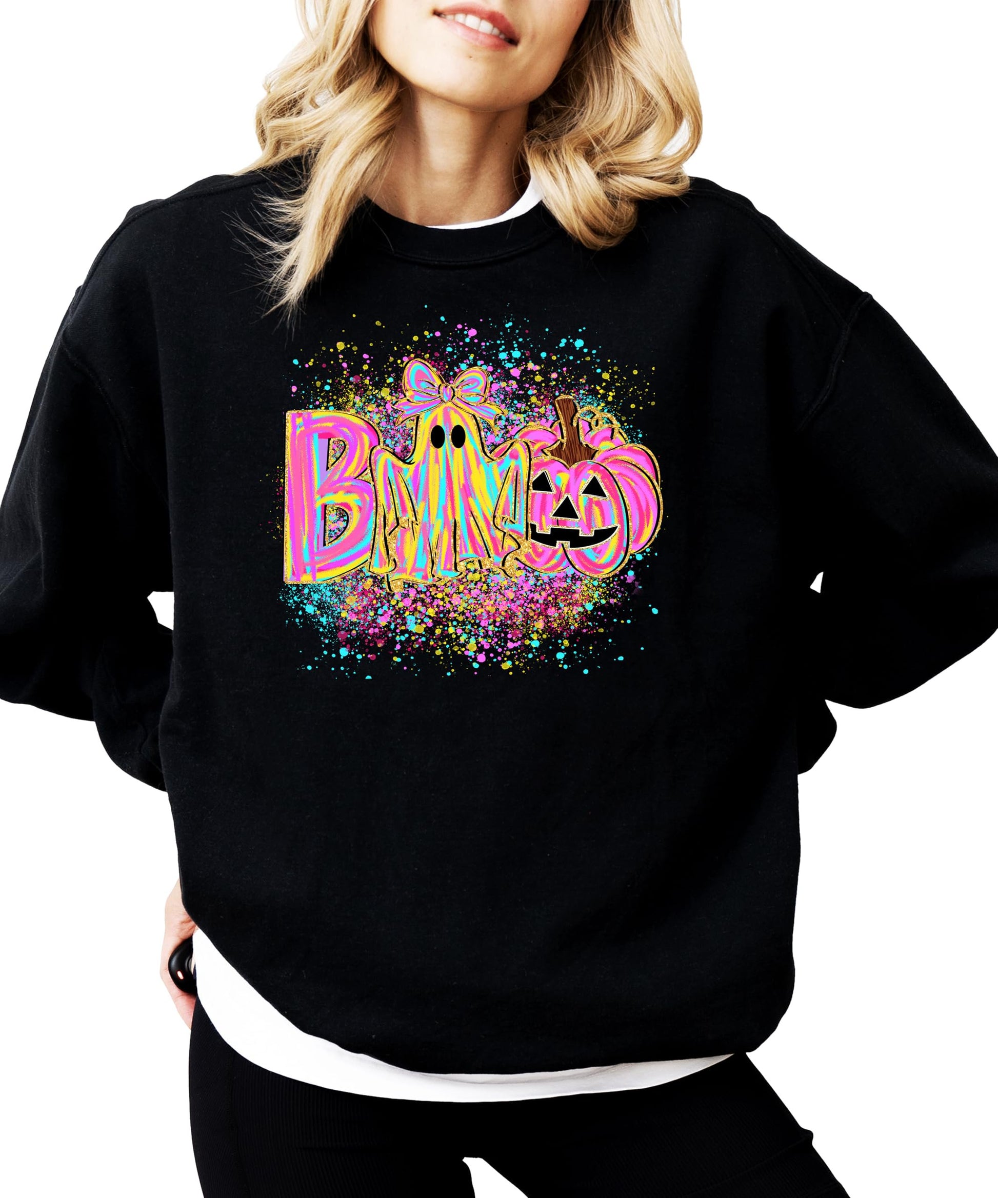 Side or alternate view of neon BOO Halloween sweatshirt showing fit and print quality