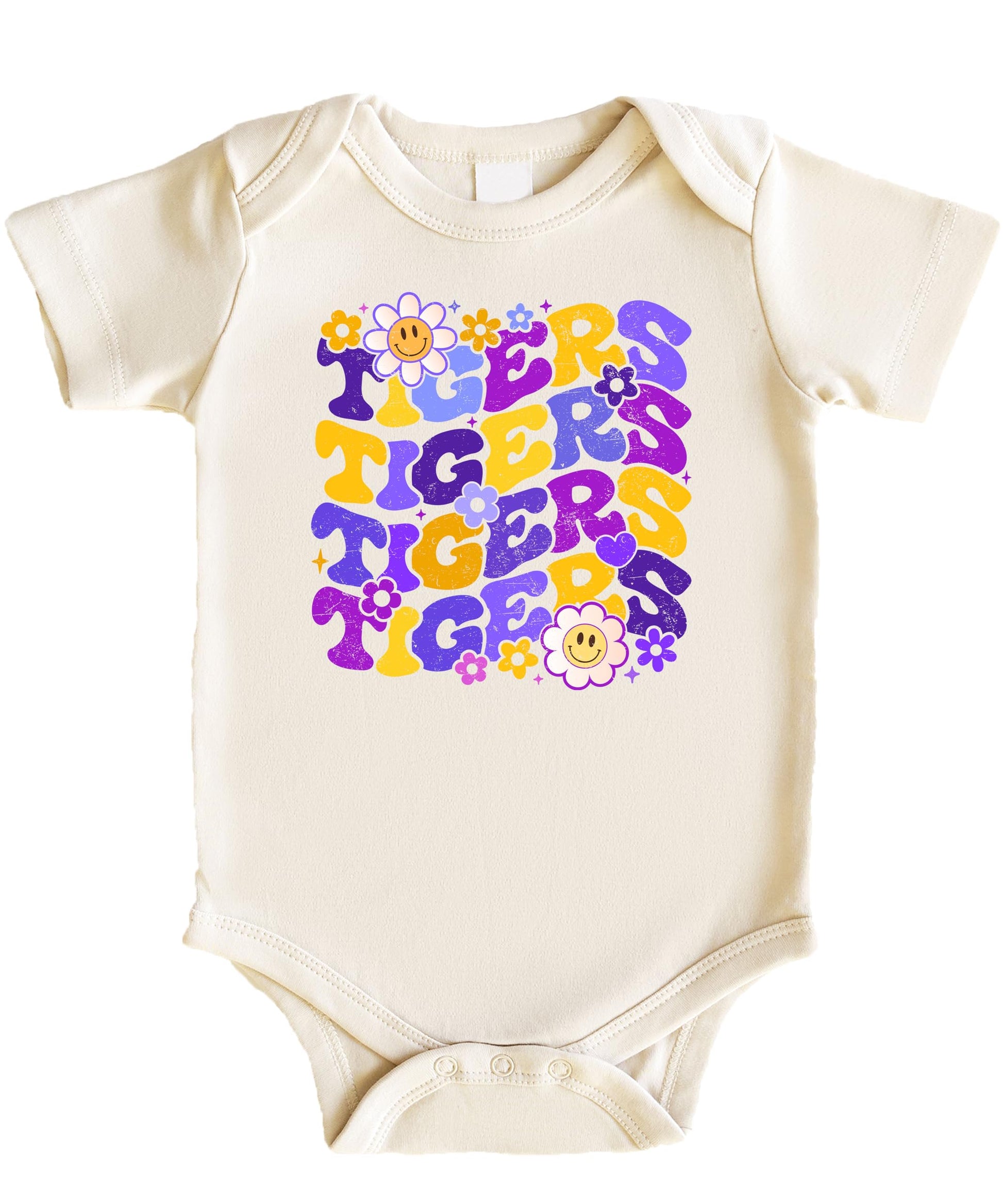 Detail shot of Purple Tigers mascot graphic with vintage-inspired typography and floral elements