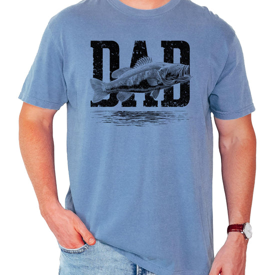 Men's dad fishing graphic tee with fish design on front, shown in multiple colors