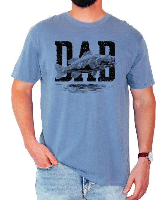 Men's dad fishing graphic tee with fish design on front, shown in multiple colors
