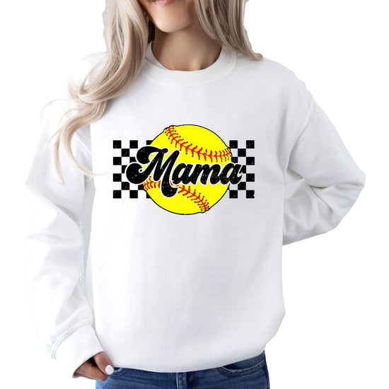 Yellow checkered Softball Mama graphic sweatshirt for women by Olive Loves Apple