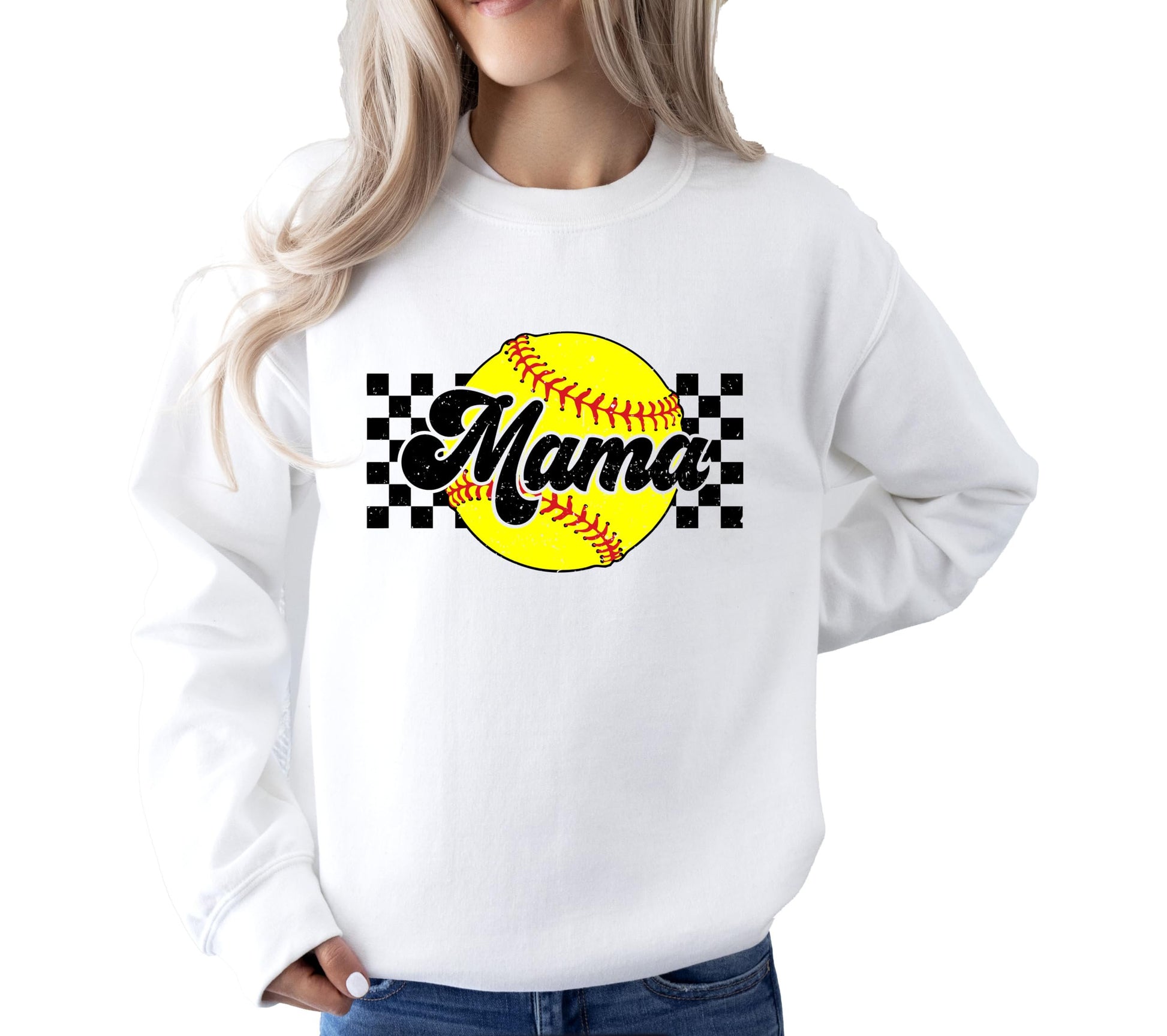 Yellow checkered Softball Mama graphic sweatshirt for women by Olive Loves Apple