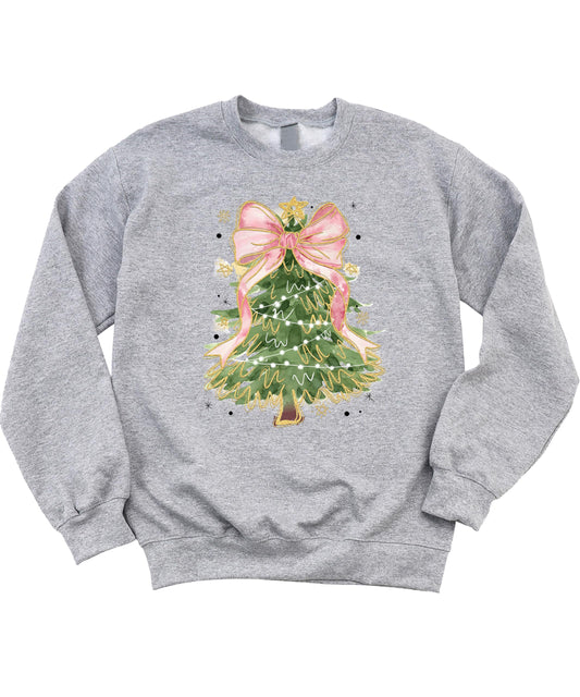 Christmas Tree with Pink Ribbon and Gold Star Topper Sweatshirt for Women Teens and Girls