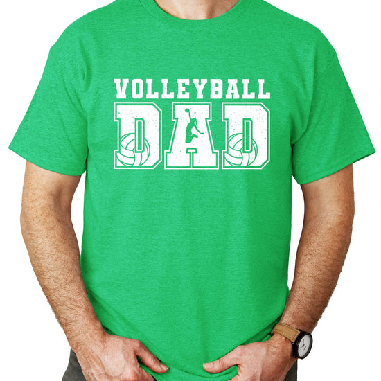 Full front view of volleyball dad shirt with jumping player varsity design