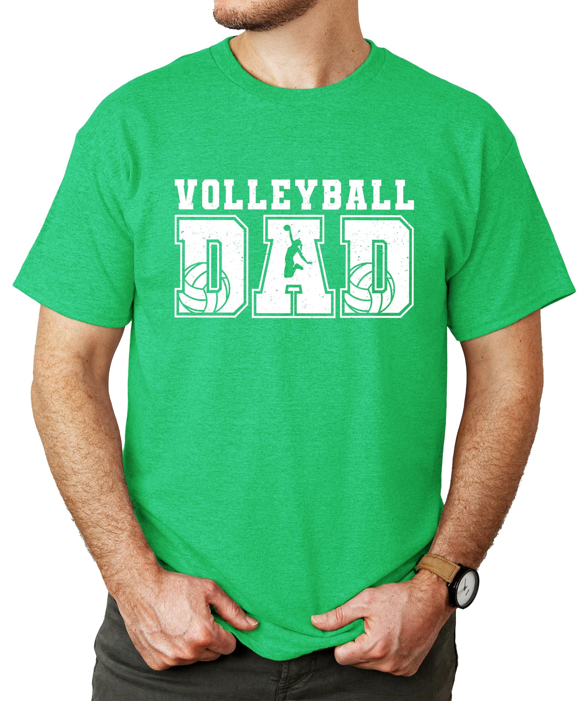 Full front view of volleyball dad shirt with jumping player varsity design
