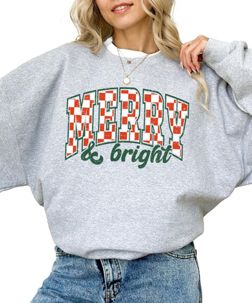 Merry and Bright Sweatshirt Retro Green and Red Check Christmas Pullover Gray Sweatshirt Youth X-Small
