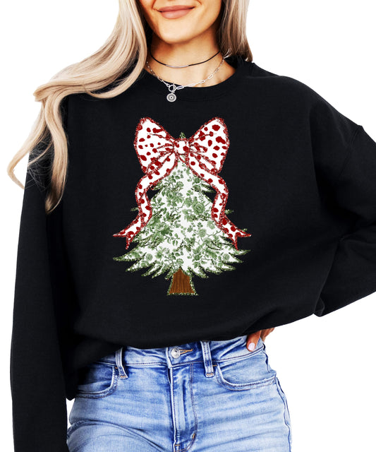Floral Christmas Tree with Red Dot Holiday Bow Topper Sweatshirt for Women Teens and Girls