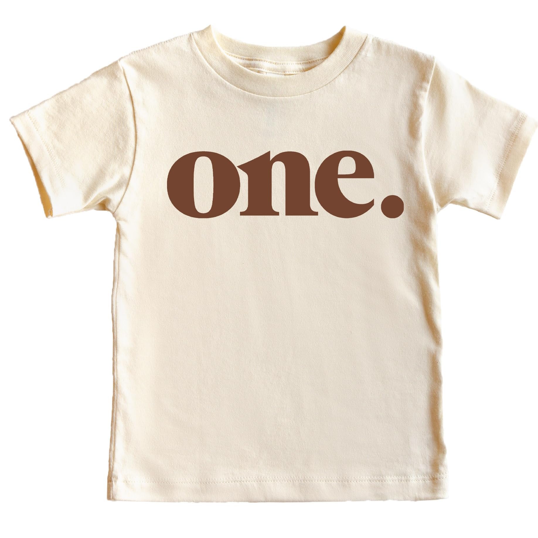 Bold One birthday shirt flat lay showing brown graphic on natural fabric