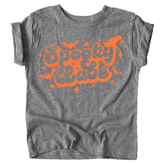 Spooky Babe toddler Halloween shirt styled for fall season, vintage burgundy with orange print