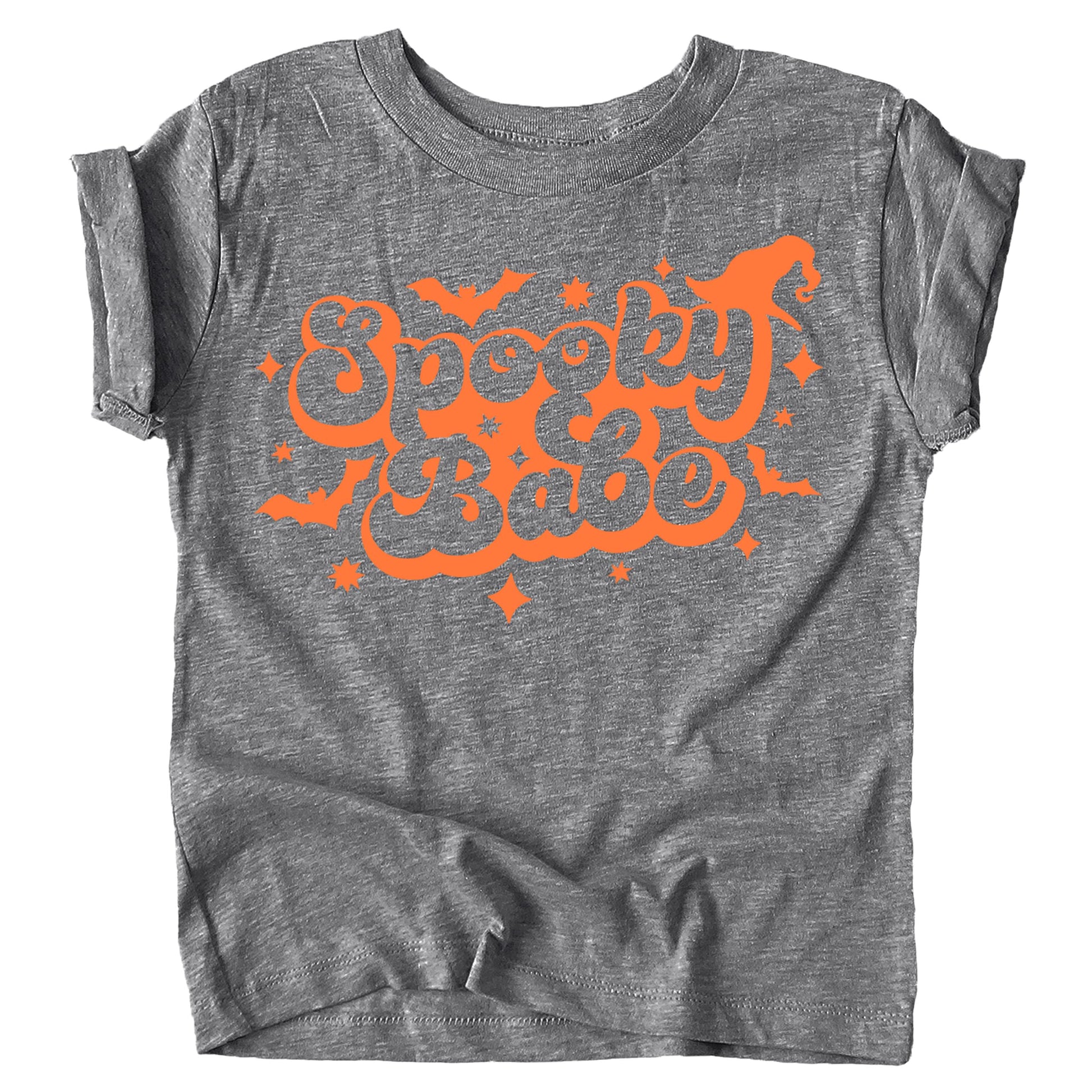 Spooky Babe toddler Halloween shirt styled for fall season, vintage burgundy with orange print