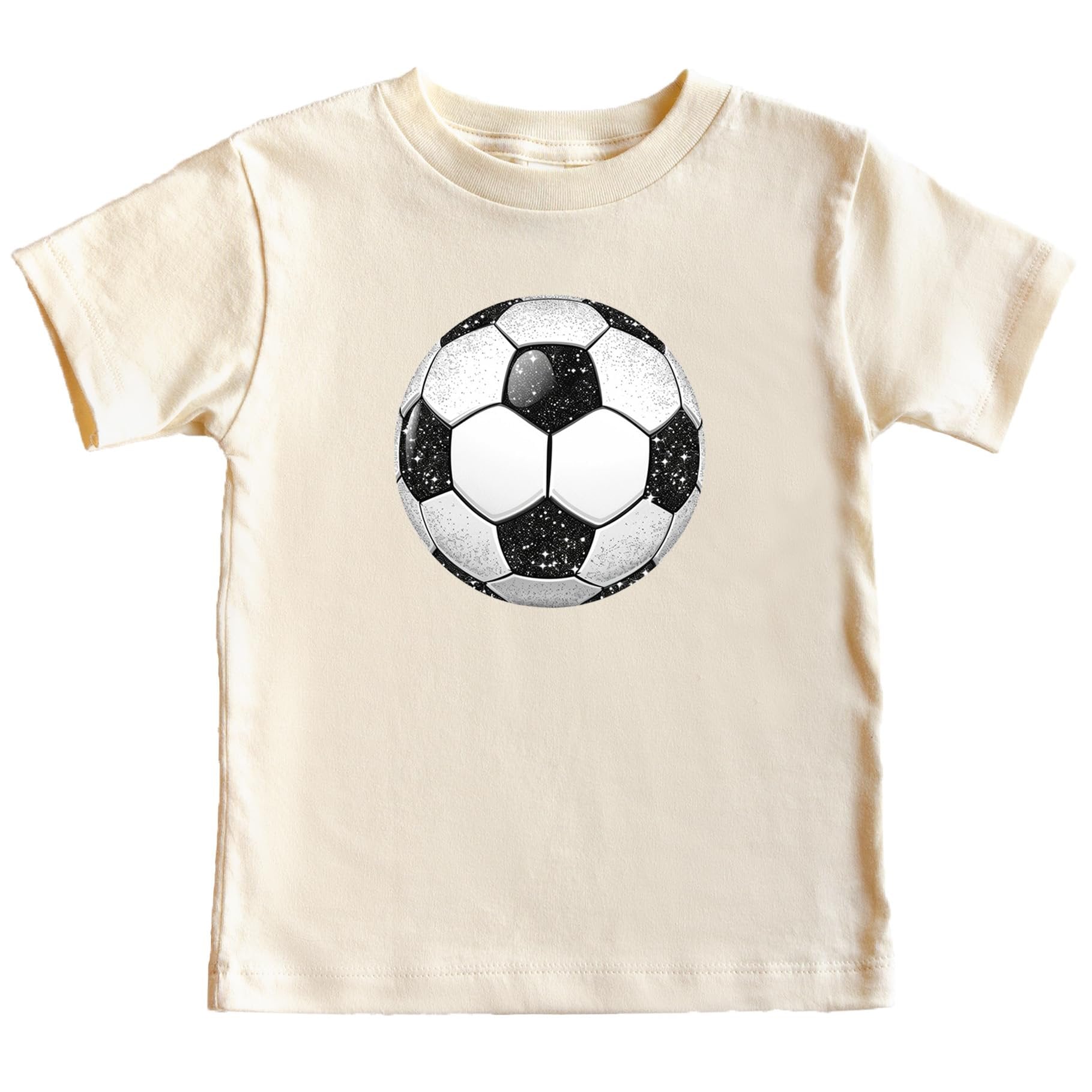 Close-up of faux glitter soccer ball graphic on a black kids tee showing print detail