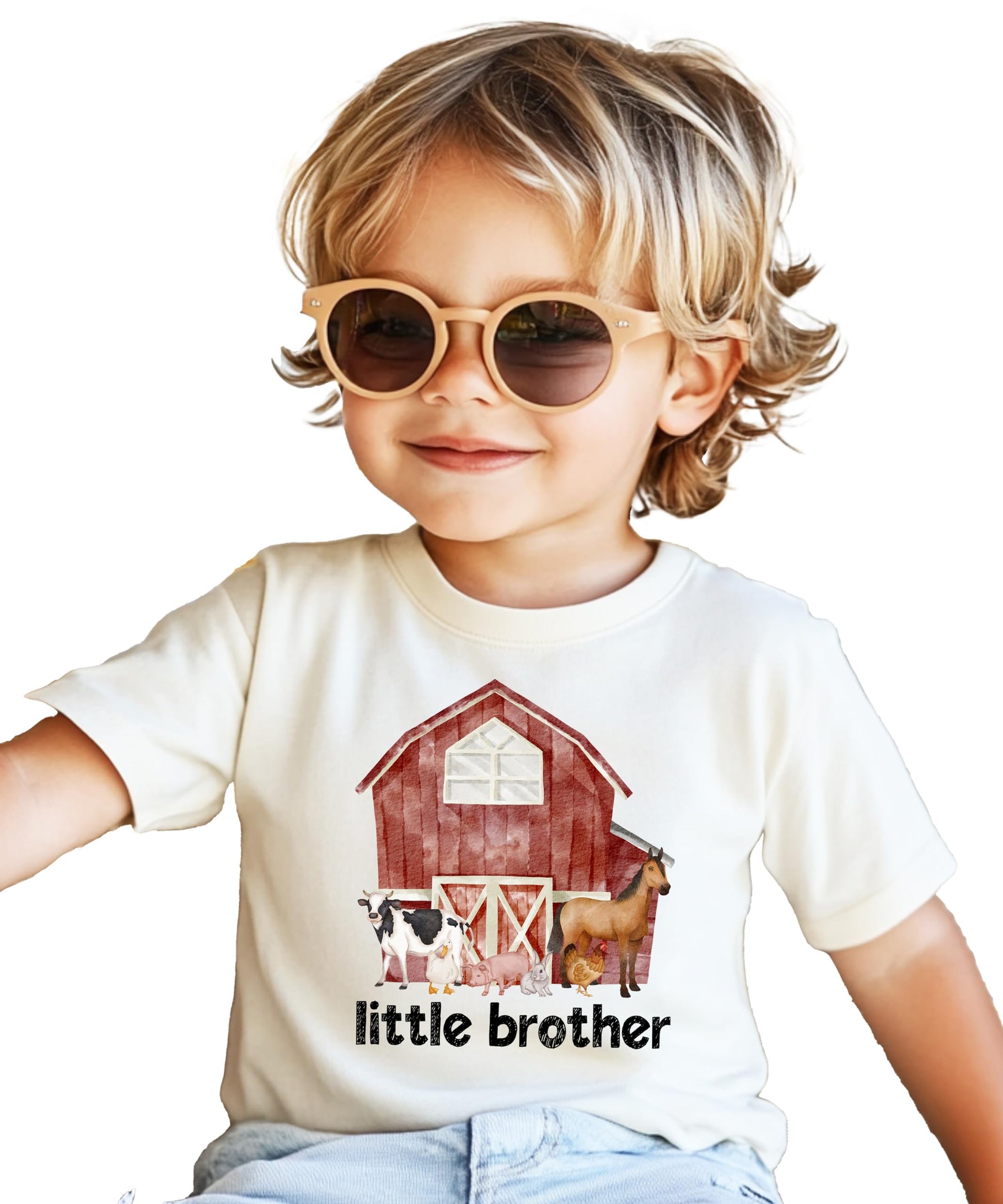 Little Brother sibling reveal bodysuit in natural color with barn and animal graphic