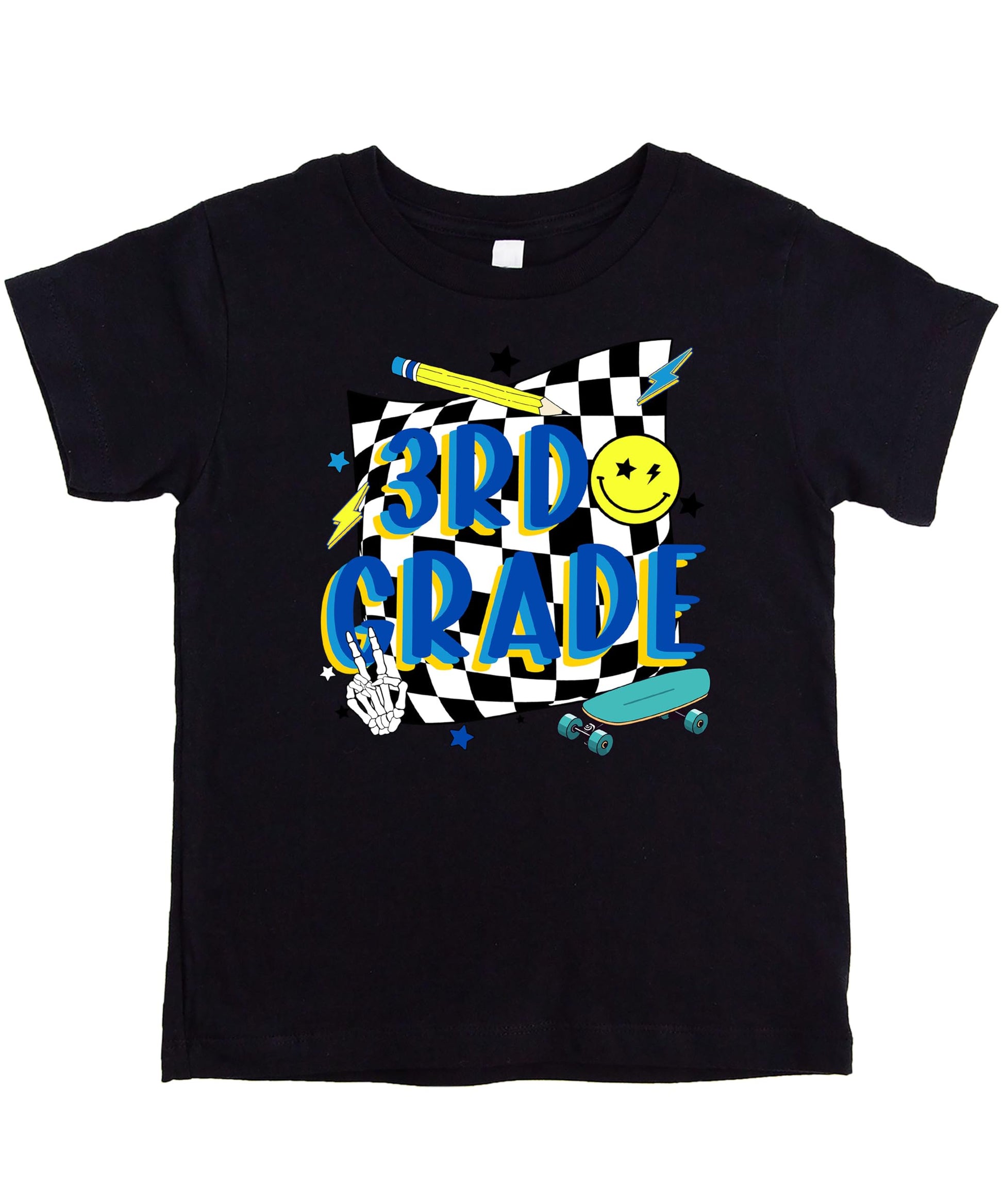Flat lay of retro 3rd grade boys t-shirt showing colorful skateboard design detail
