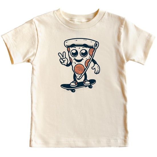 Flat lay of boys natural birthday tee with vibrant pizza graphic print