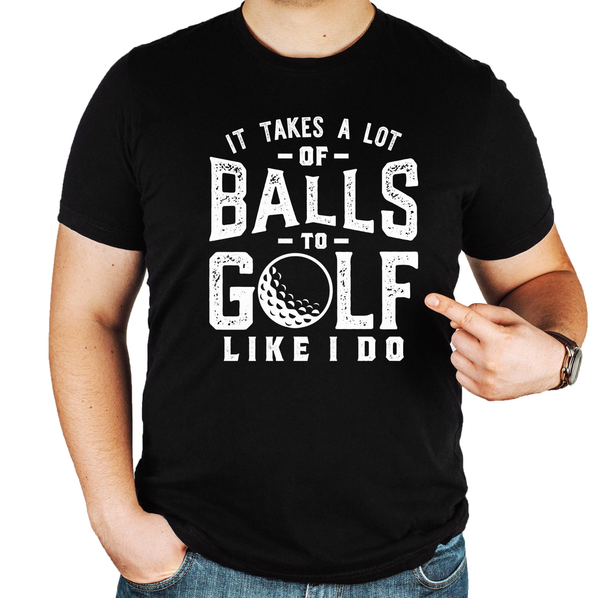 Man wearing vintage green golf shirt with funny weapons of grass destruction graphic