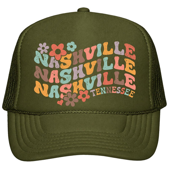 Side view of Nashville Tennessee retro groovy floral trucker hat showing mesh back and snapback closure
